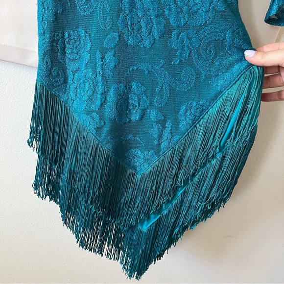 VTG Karen Okada For David Howard Climax Dress Size 3/4 Teal Floral Lace Fringe - Picture 6 of 13
